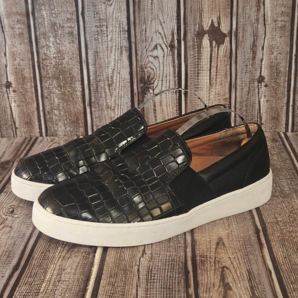 Sz 6.5 Womens Vionic Demetra Croc Black Embossed Leather Slip On Sneakers VGUC